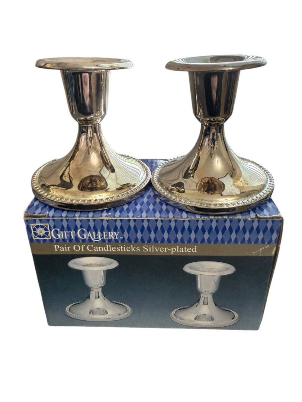 K-Mart Gift Gallery Pair 3 Inch Silver-Plated Candle Stick Holders in Box